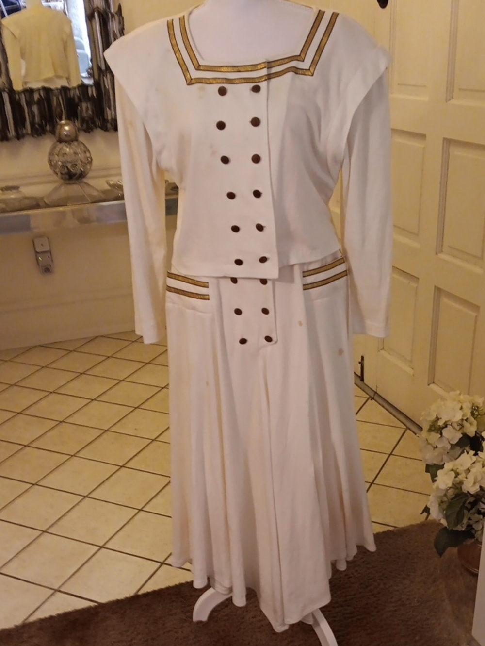 White Maxi Sailor-Inspired Skirt with Gold Trim Skirt